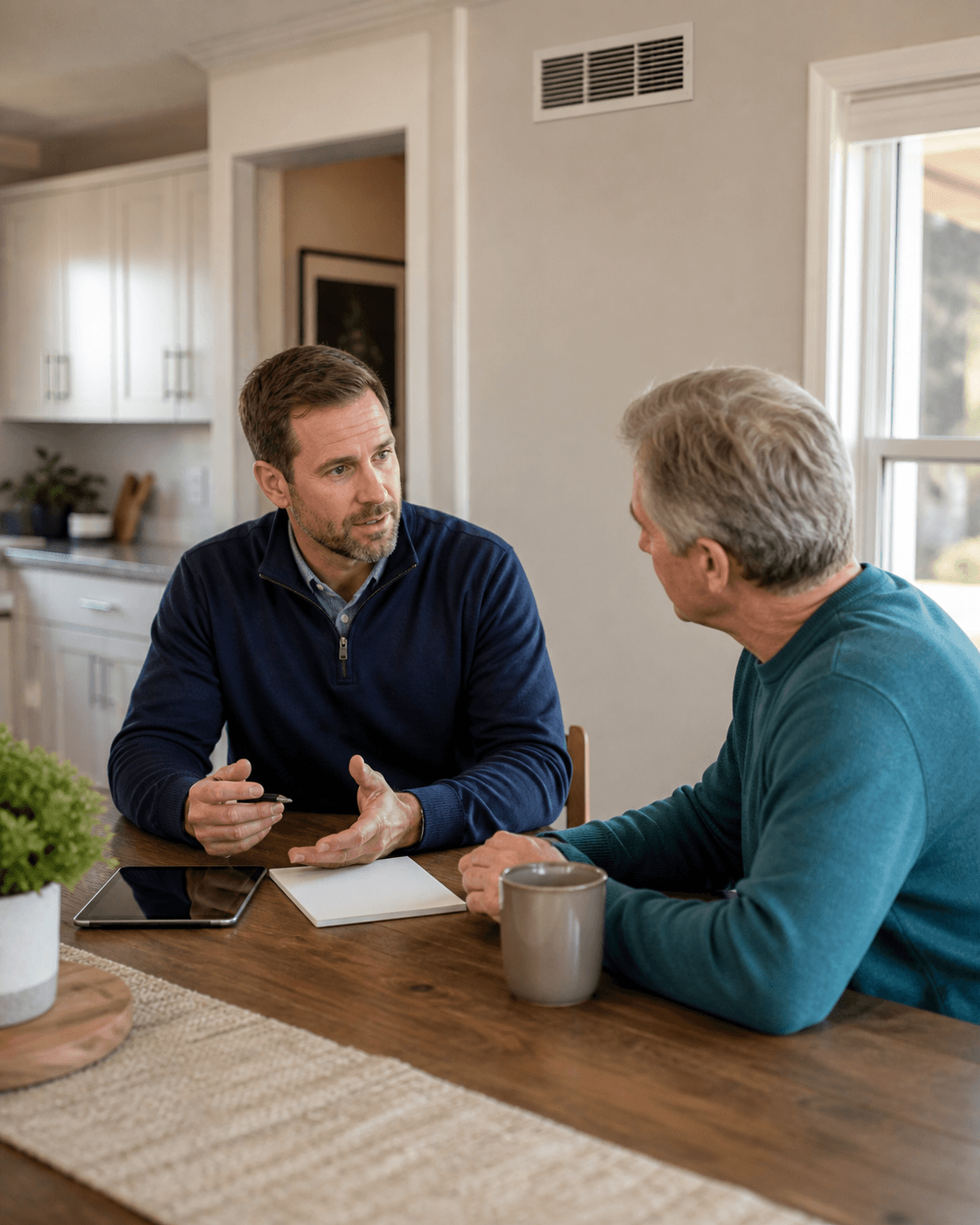 HVAC comfort advisor discussing system replacement with a homeowner