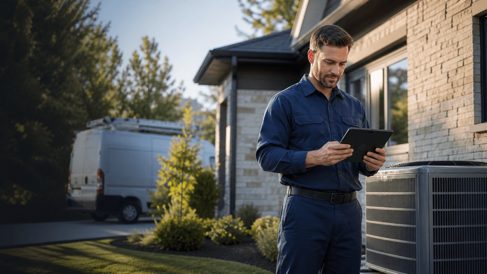 HVAC contractor reviewing a qualified homeowner opportunity beside an outdoor condenser